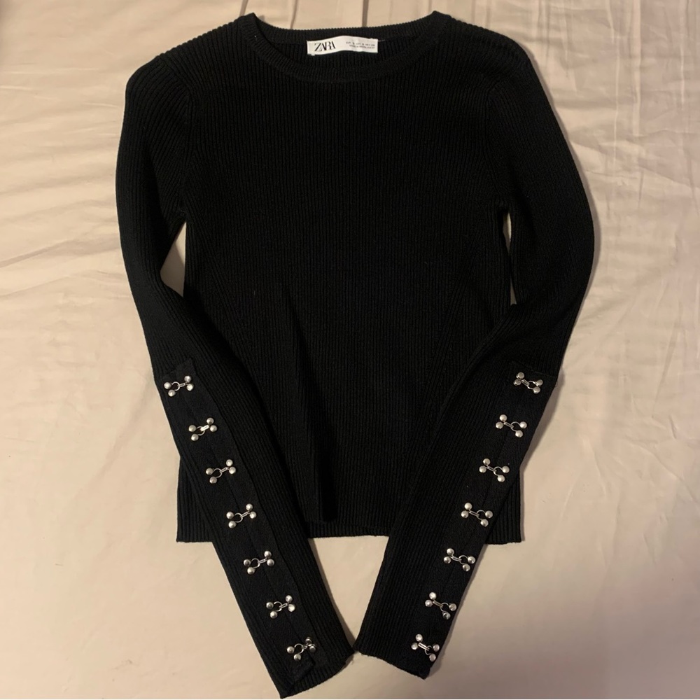 Zara Black Ribbed Long-Sleeve Cropped Top